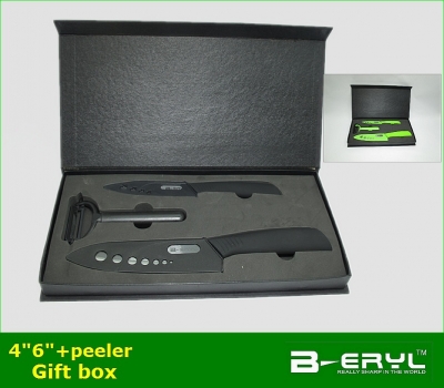 BERYL 4pcs gift set , 4"/6"+peeler+Gift box Ceramic Knife sets 2 colors straight handle,Black blade, CE FDA certified