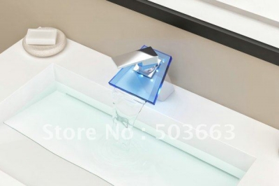 Newly Item LED 3 Colors Waterfall Faucet Powered Chrome Mixer Brass Glass Tap CM0849