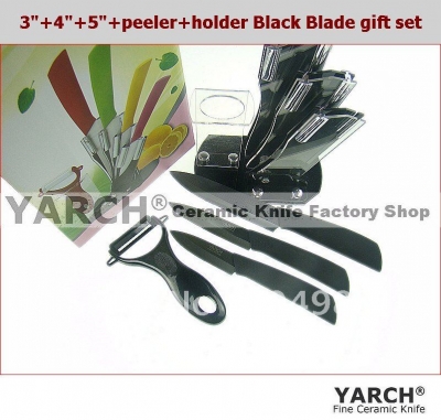 YARCH 5PCS/set Black Blade Ceramic Knife , 3"/4"/5"+peeler+holder Ceramic Chef's Horizontal Knife with black handle+retail box