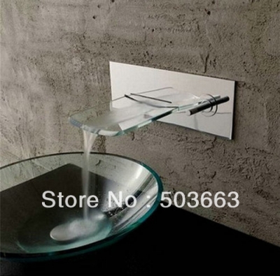 Chrome Square Bath Bathroom Wall Mounted Clear Glass Tray Waterfall Faucet S-581