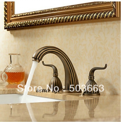 Promotions 3 pcs 2 Handle Deck Mounted Antique Brass Deck Mounted Bathroom Mixer Tap Bath Basin Sink Faucet S-101