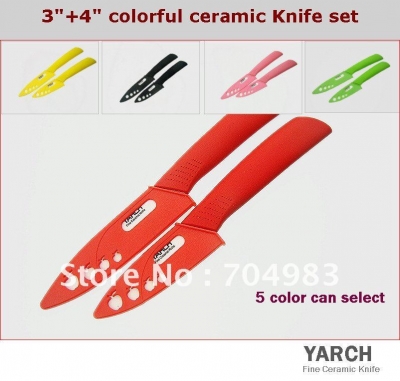 YARCH kitchen supplies 2PCS/set , 3"+4" colorful Ceramic Knife sets with Scabbard+retail box ,5 colors Straight handle select [Ceramic Knife / Bulk 36|]