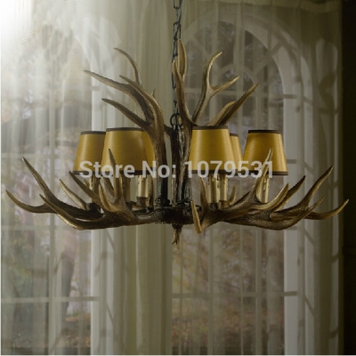 europe country 6/8/10 heads resin deer horn antler pendant light fabric lampshade pendant lamp for home decoration, e14 110-220v