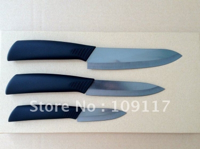 10sets/lot 3pcs black sanding ceramic kitchen knife set black handle ECO box #S021