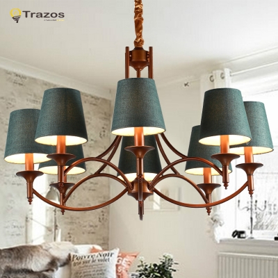 2016 countryside retro led chandelier classic design lustres home decoration fabric shade antique brass chandelier