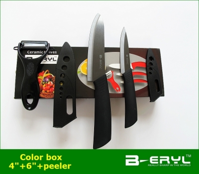 BERYL 3pcs set , 4"+6" with scabbard+peeler Ceramic Knife sets, 2 colors ,2 types handle select,Black blade