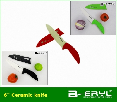 BERYL 6" chef ceramic knife with Scabbard + retail box,3 colors ABS Curve handle White blade 1PCS/lot CE FDA certified