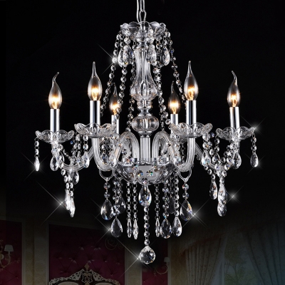 led crystal chandelier light 6 lights transparent k9 crystal metal chrome chandeliers for dinning room