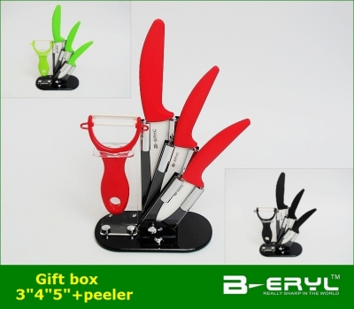 BERYL 5pcs gift set , 3"/4"/5"+peeler+Knife holder Ceramic Knife sets 3 colors Curve handle,White blade, CE FDA certified
