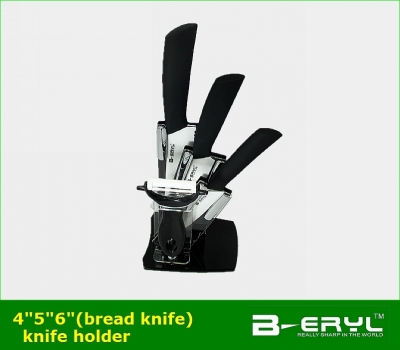 BERYL 5pcs set , 4"+5"+6" bread knife+peeler+Knife holder Ceramic Knife sets with color box, straight handle,White blade [Knife set with stand 71|]
