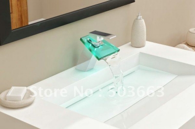 Fashion and Beautiful LED 3 Colors Waterfall Faucet Chrome Battery Powered Mixer Brass Glass Deck Mounted Tap CM0851