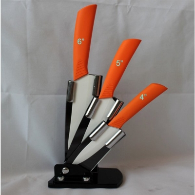 HYTT Brand 4" + 5" + 6" + Knife Holder Chef Kitchen White Blade Ceramic knife with ABS comfortable Orange handle