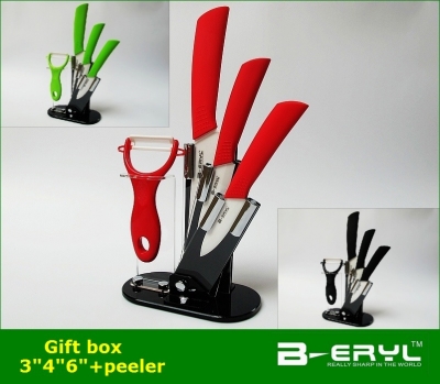 BERYL 5pcs ceramic knives set , 3"4"6"+peeler+Knife holder white Ceramic Knife sets with color box, 2 colors, straight handle