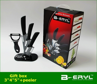BERYL 5pcs set , 3"/4"/5"+peeler+Acrylic holder Ceramic Knife sets with color box,Straight handle,Black blade, 2 colors select