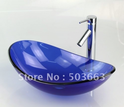 Blue Victory Vessel Washbasin Tempered Glass Sink With Brass Faucet CM387