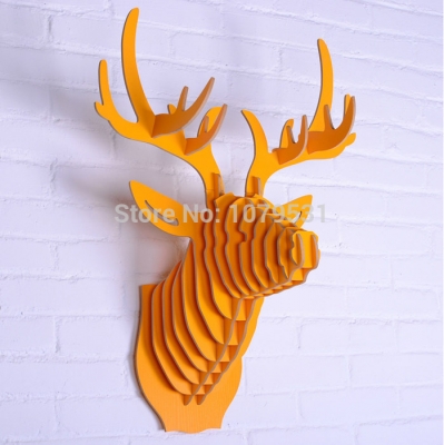 orange color deer head wall hanging home decoration of wooden crafts,wood carving animal head wall decor,folk art elk decoration
