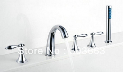 Wholesale 5 Pcs 3 Handle Deck Mounted Bathroom Basin Sink Faucet Mixer Tap Bathtub Faucet Set Chrome Crane S-227