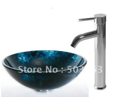 Victory Vessel Blue Washbasin Tempered Glass Sink Brass Faucet Set CM0098 [Glass Lavatory Basin Set 1330|]