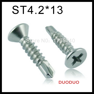 100pcs din7504p st4.2 x 13 410 stainless steel cross recessed countersunk flat head self drilling screw screws [din7504p-flat-head-self-drilling-screw-1826]