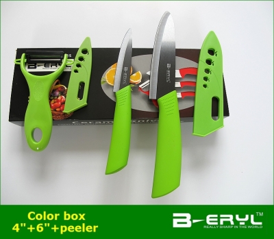 BERYL 3pcs set , 4"+6"+peeler+Retail box Ceramic Knife sets, 2 colors 2 types handle select,Black blade, CE FDA certified