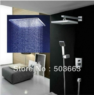 Luxury 12-inch Rainfall Square 3 Color LED Shower Head +Valve Bathroom Wall Mount Double-function Shower Faucet Set Y-7578