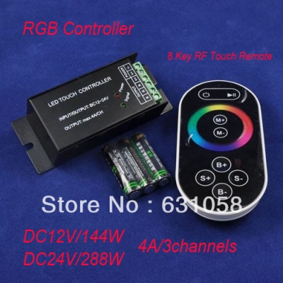 new dc12v/144w,dc24v/288w led rgb controller with 8 keys rf touch remote, brightness & speed adjustable controller
