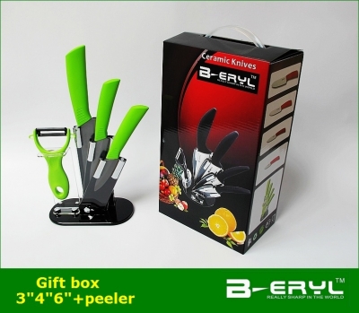 BERYL 5pcs black ceramic knives set , 3"4"6"+peeler+Knife holder Ceramic Knife sets with color box, 2 colors, straight handle