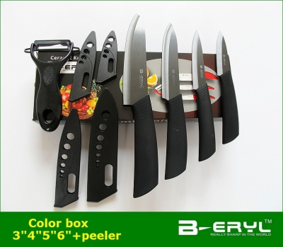 BERYL 5pcs set , 3456 kitchen knives+peeler+color box,Ceramic Knife sets 2 colors ABS handle,BLACK blade