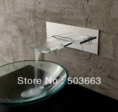 Chrome Square Bath Bathroom Wall Mounted Clear Glass Tray Waterfall Faucet S-591