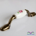 AB02AB 76mm hole distance long and flat bronze ceramic handle with pink rose pattern for drawer/wardrobe/cupboard/television cabinet/shoe cabinet
