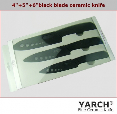 YARCH Simple packaging 3pcs set, 4"+5"+6" Black Blade Ceramic Knife sets with Scabbard,CE FDA certified,