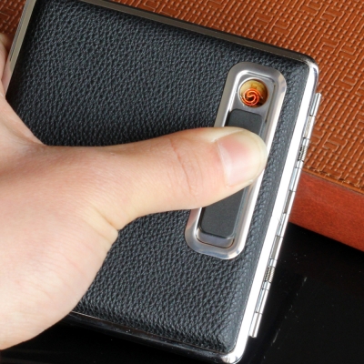 leather windproof cigarette box with usb lighter electronic recharable lighter black cigarette case refillable lighters