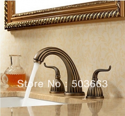 3 pcs Antique Brass Deck Mounted Bathroom Mixer Tap Bath Basin Sink Vanity Faucet L-192