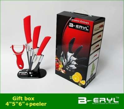 BERYL 5pcs gift set , 4"/5"/6"+peeler+Acrylic holder Ceramic Knife sets 3 colors Straight handle,White blade, CE FDA certified