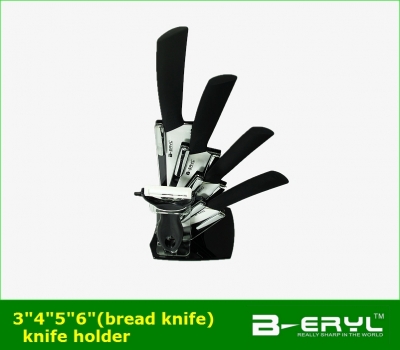 BERYL 6pcs set , 3"+4"+5"+6" bread knife+peeler+Knife holder Ceramic Knife sets with color box, straight handle,White blade
