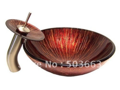 Wholesale Sunset Red Vessel Sink Tempered Glass Sink & Faucet CM0095