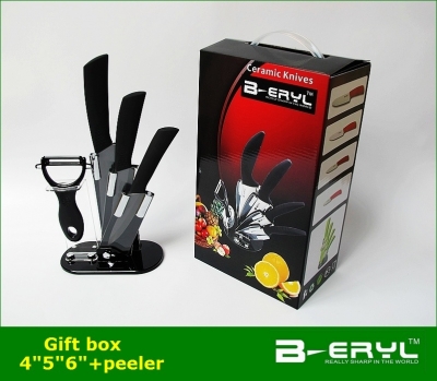 BERYL 5pcs gift set , 4"/5"/6"+peeler+Acrylic holder Ceramic Knife sets 2 colors straight handle,Black blade, CE FDA certified