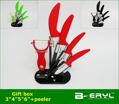 BERYL 6pcs gift set , 3"/4"/5"/6"+peeler+Knife holder ceramic knives set 3 colors Curve handle,White blade, CE FDA certified [Knife set with stand 76|]