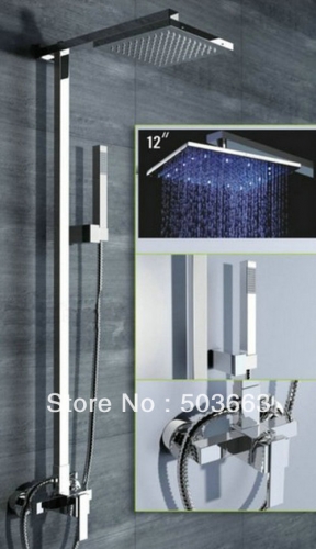 Wholesale 12" led Bathroom Rainfall Shower Head+ Arm Hand Spray Valve Faucet Set S-653