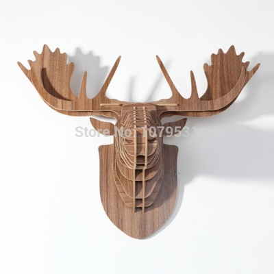 [walnut]europe style diy wooden reindeer head hanging wall decor,animal head wall decor ,moose head wood crafts home decor