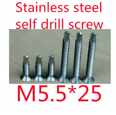 100pcs/lot m5.5*25 stainless steel 304 flat head cross recessed countersunk self drill screw