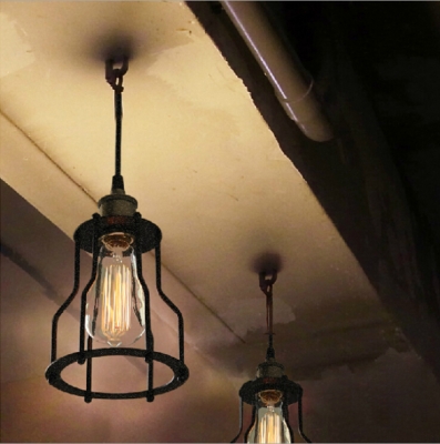 2014 lighting vintage style indoor copper lampholder black iron cage pendant lamp light e27 for parlor loft/coffee shop