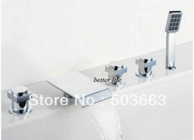 5 pcs Durable Solid Brass Waterfall Bathtub Basin Sink Spout Mixer Tap Chrome Finish Faucet Set L-1553 [Bathroom Faucet-3 or 5 piece set]
