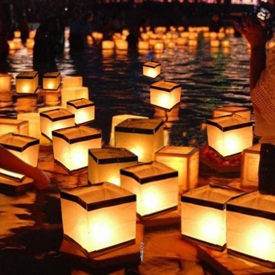 (50pcs/lot) 15cm waterproof chinese square water floating candle wishing paper lanterns yellow light party birthday decration