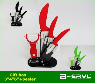 BERYL 5pcs set , 3"+4"+6"+peeler+Knife holder Ceramic Knife sets with color box, 3 colors, Curve handle,White blade