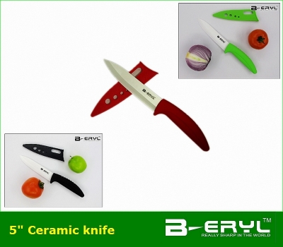 BERYL chef ceramic kitchen knife 5" with Scabbard + retail box,3 colors ABS Curve handle White blade 1PCS/lot CE FDA certified