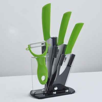 Kitchen Green Handle Ceramic Knife Set 3" + 4" + 5" + Peeler + Holder Free Shipping