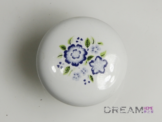 33mm diameter large round and fat ceramic knob with small blue flowers for cabinet