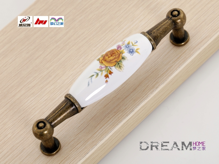 42AB 96mm hole distance long banded bronze antiqued ceramic handle with yellow rose pattern for drawer/wardrobe