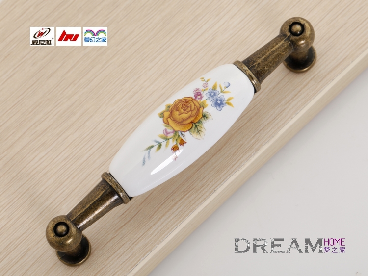 42AB 96mm hole distance long banded bronze antiqued ceramic handle with yellow rose pattern for drawer/wardrobe